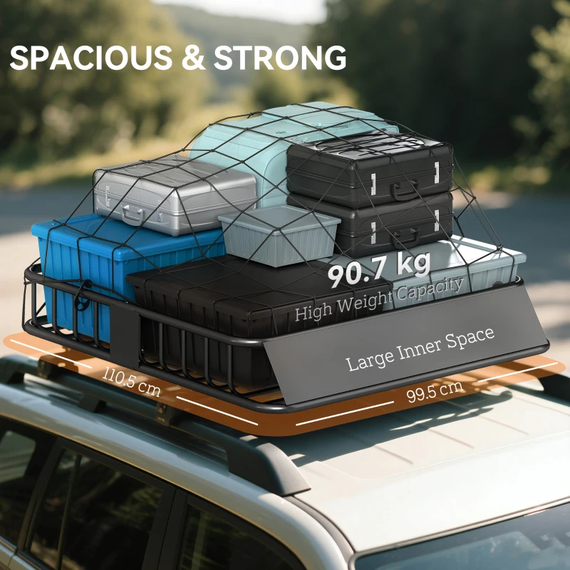 HOMCOM Bagażnik dachowy dla samochodów, kosz na dach, 90,7 kg nośności, bagażnik z osłoną przeciwwietrzną, stalowe rury, czarny