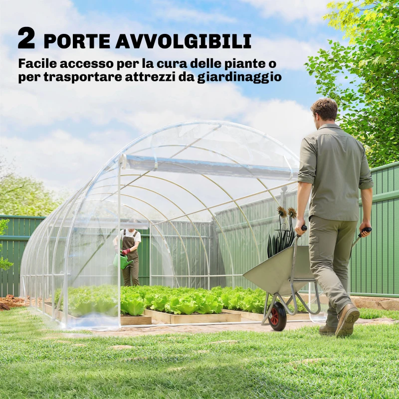 Outsunny Serra a Tunnel 3x6x2 m con Porte Avvolgibili, Telaio in Acciaio e Copertura in PE Anti-UV, Trasparente