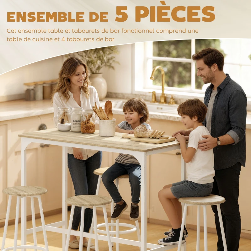 HOMCOM Ensemble table haute et 4 tabourets avec Repose-Pieds style moderne, structutre en métal effet bois naturel