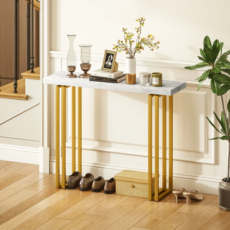 HOMCOM Table console, table d'entrée, avec plateau imitation marbre, structure en acier, 100 x 30 x 78,5 cm, blanc et or