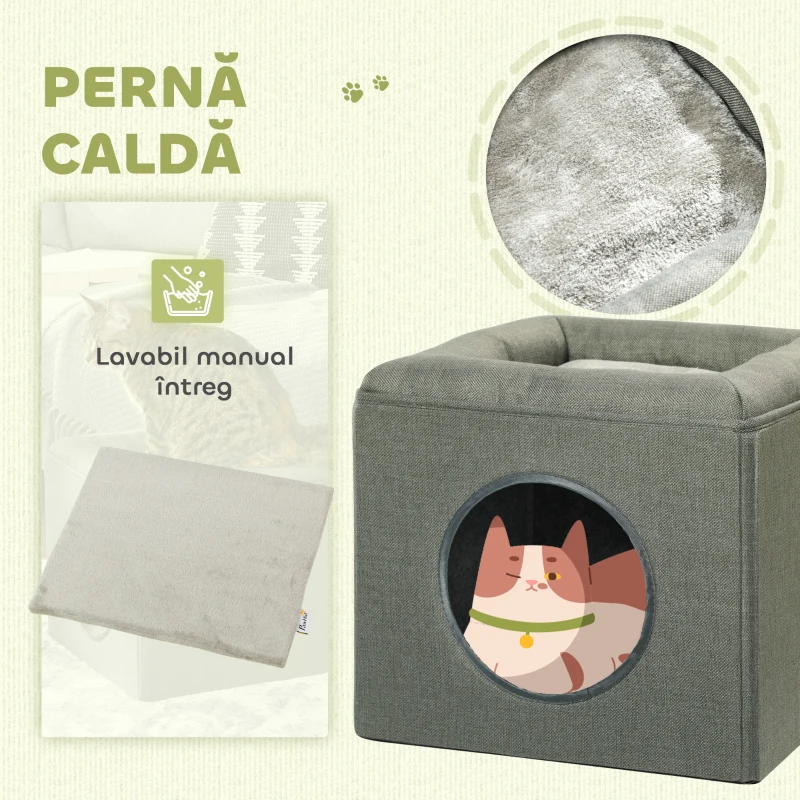 PawHut Căsuță pentru Pisici cu 2 Niveluri, cu Pernă din Pluș, din Lemn, Poliester și Plastic, 36,5x36,5x33 cm, Verde