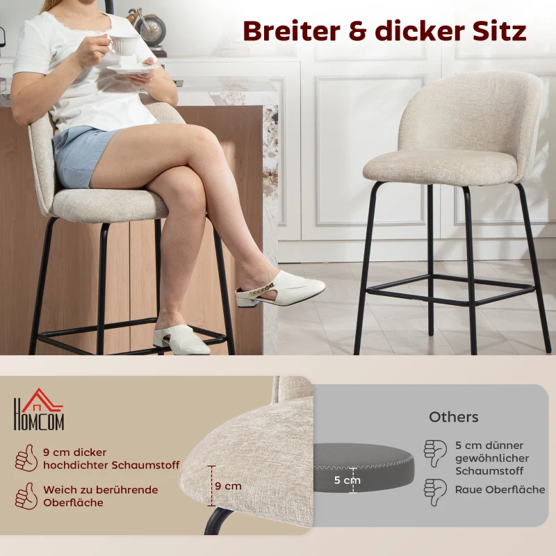 HOMCOM 2er-Set Barhocker mit Rückenlehne und Fußstütze, Polsterstühle mit Stahlbeinen für Kücheninsel, Esszimmer, Beige