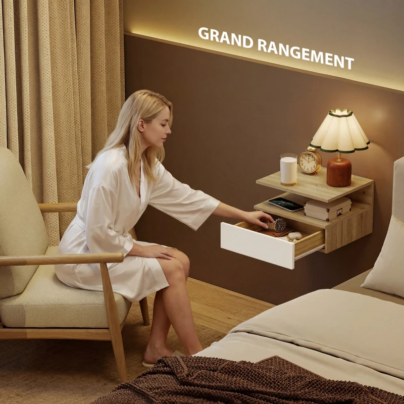 HOMCOM Lot de 2 tables de chevet murales, tables de nuit suspendues avec tiroir coulissant, compartiment ouvert, plateau, style moderne, pour chambre à coucher, 35 x 32 x 22,5 cm, chêne et blanc