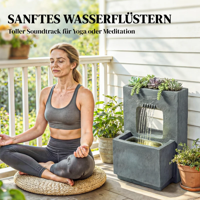 Outsunny Springbrunnen 2-stufig Gartenbrunnen mit LED Beleuchtung Pflanzkübel Pumpe Steinoptik, Verstellbar 45 x 31,5 x 58,5 cm