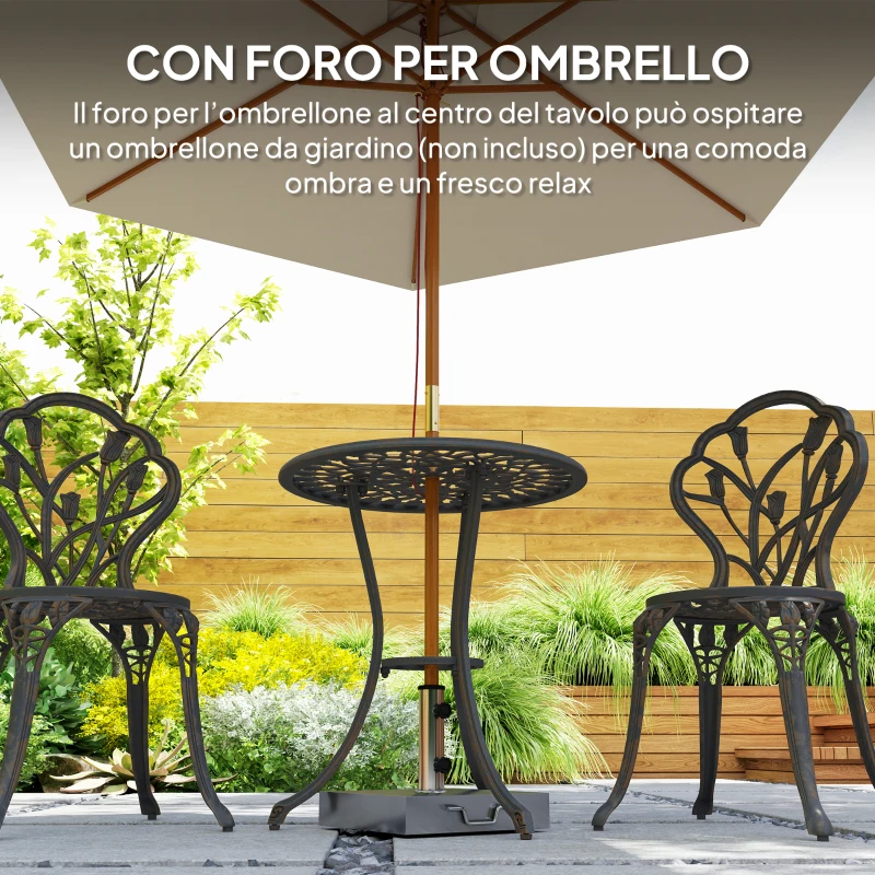 Outsunny Set da Esterno 3 Pezzi con 2 Sedie da Giardino e Tavolo Rotondo con Foro per Ombrellone, Bronzo