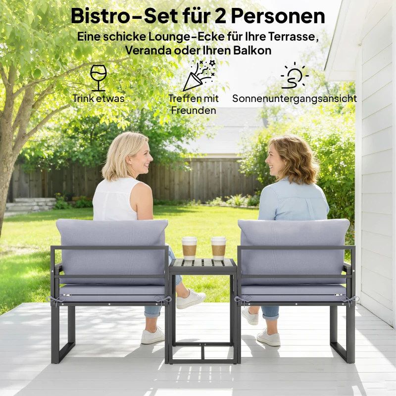 Outsunny 3-teiliges Balkonmöbel Set 2 Sessel mit Tisch abnehmbar Sitz-& Rückenkissen atmungsaktiv Bezug Grau