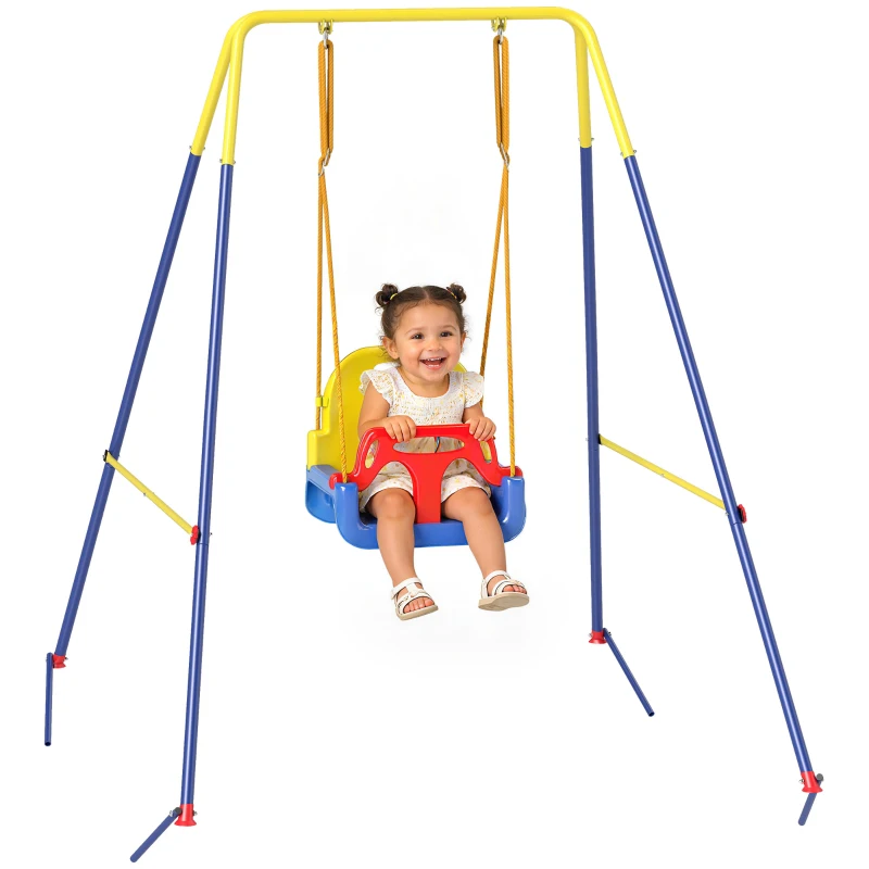 AIYAPLAY Baloiço para Bebés 3 em 1 Baloiço Jardim com Cordas Ajustáveis Cinto de Segurança Estrutura em A Dobrável 128x155x157 cm Azul