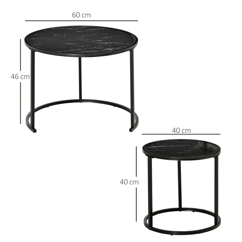 HOMCOM Set of 2 Round Nesting Stackable Coffee Tables, Marble-Effect Wooden Top and Metal Legs, Black