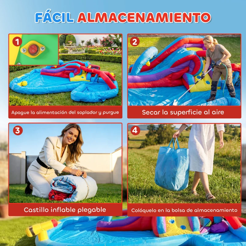 AIYAPLAY Castillo Hinchable Acuático con Soplador 550W Tobogán Pared de Escalada Piscina Aro de Baloncesto Portería de Fútbol