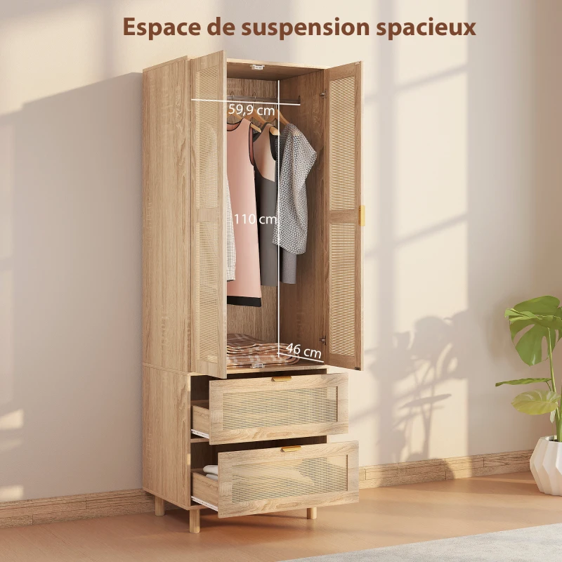 HOMCOM Armoire chambre penderie avec 2 portes en rotin, 2 tiroirs et barre de suspension, 63 x 47 x 185 cm, bois naturel