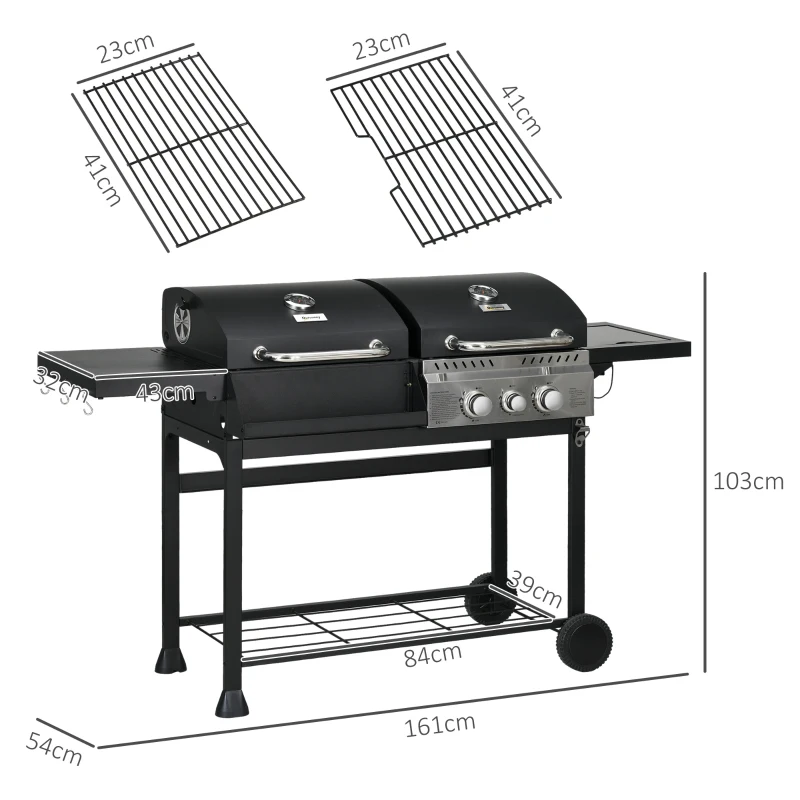 Outsunny Gasgrill BBQ-Grill, inkl. Thermometer, Warmhalteplatten, 161 x 54 x 103 cm, Schwarz + Silber