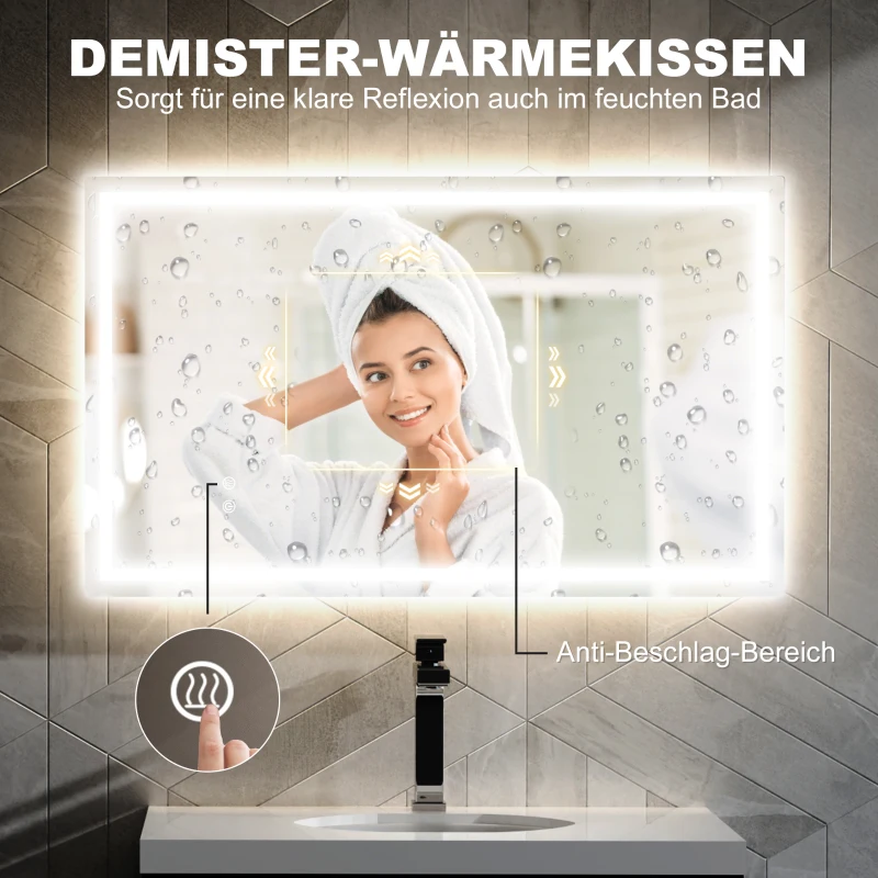HOMCOM LED-Badezimmerspiegel, einstellbare Helligkeit, Antibeschlag-Funktion, wasserfest