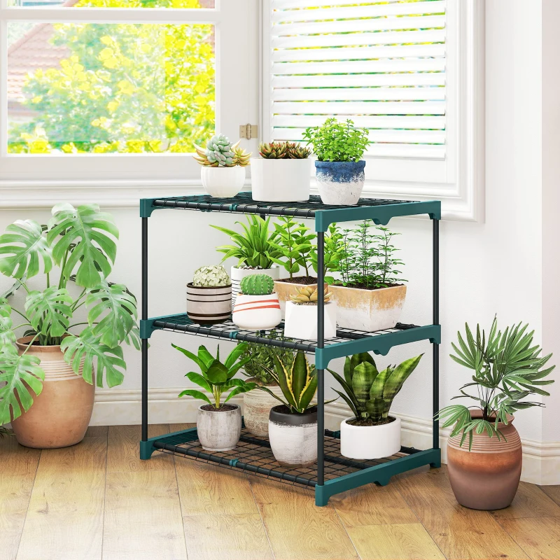 Outsunny 3-Etagen Pflanzenständer, 72 cm hoch Blumenständer für Innen Außen, Pflanzenregal aus Stahl Dunkelgrün