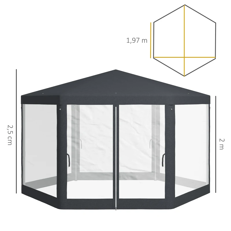 Outsunny Gartenpavillon, 6-eckig, Netzvorhänge, Metallgestell, 3,94x3,412x2,5m, Dunkelgrau