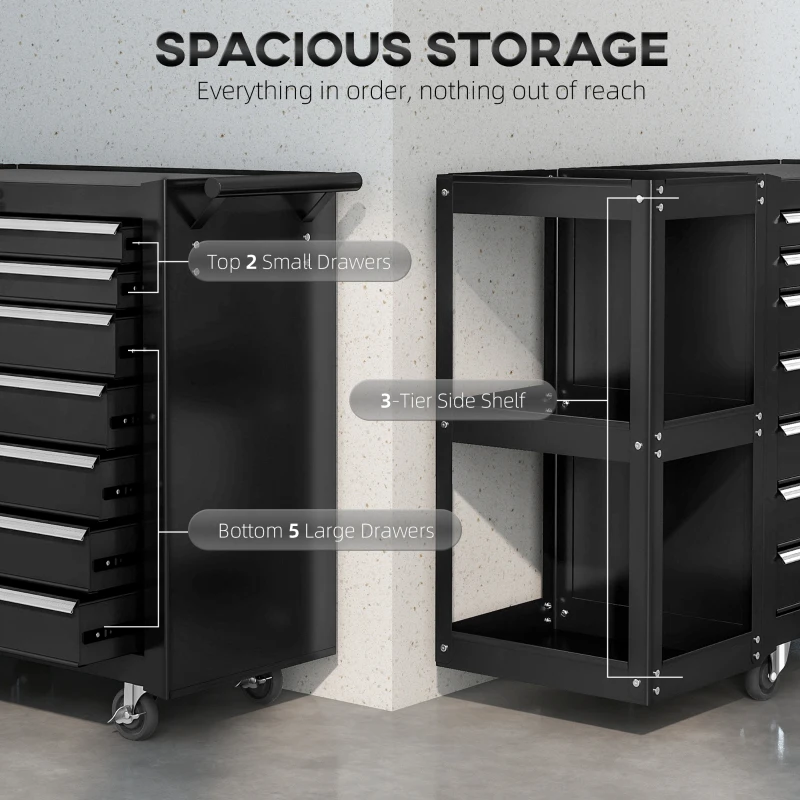 HOMCOM Wózek warsztatowy z 7 szufladami, zdejmowaną półką boczną, 4 kółkami z hamulcem, 96 x 33,5 x 75 cm, czarny