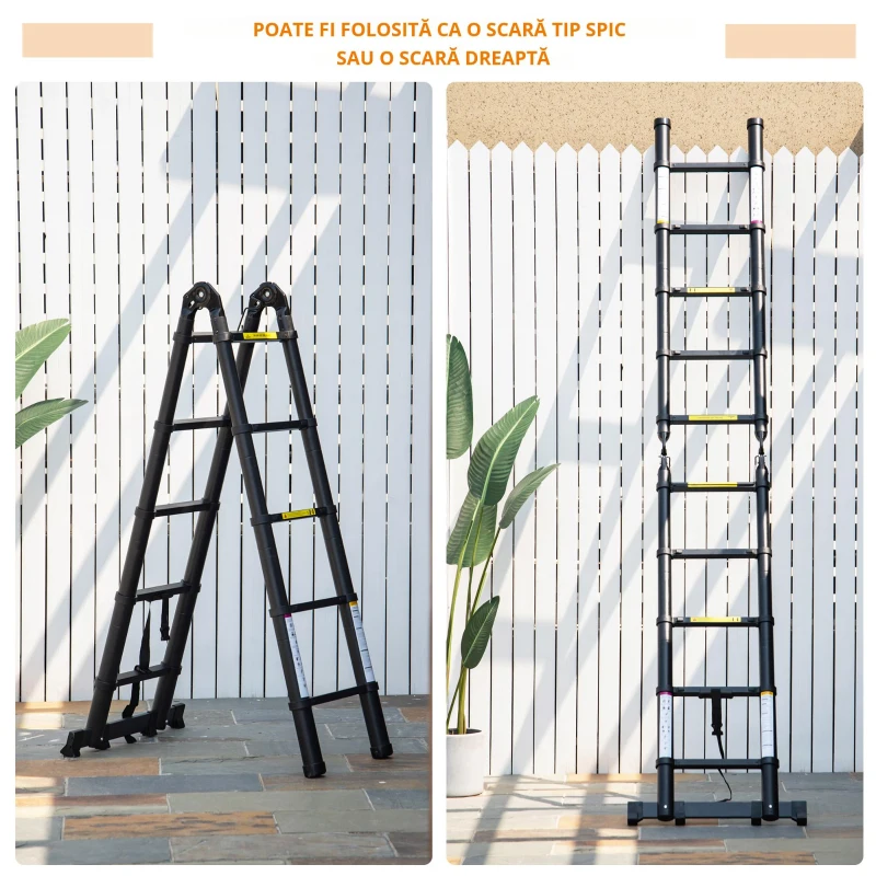 DURHAND Scară Telescopică Pliabilă cu 10 Trepte, Scară Extensibilă din Aluminiu și Metal, 320x67x7 cm, Neagră