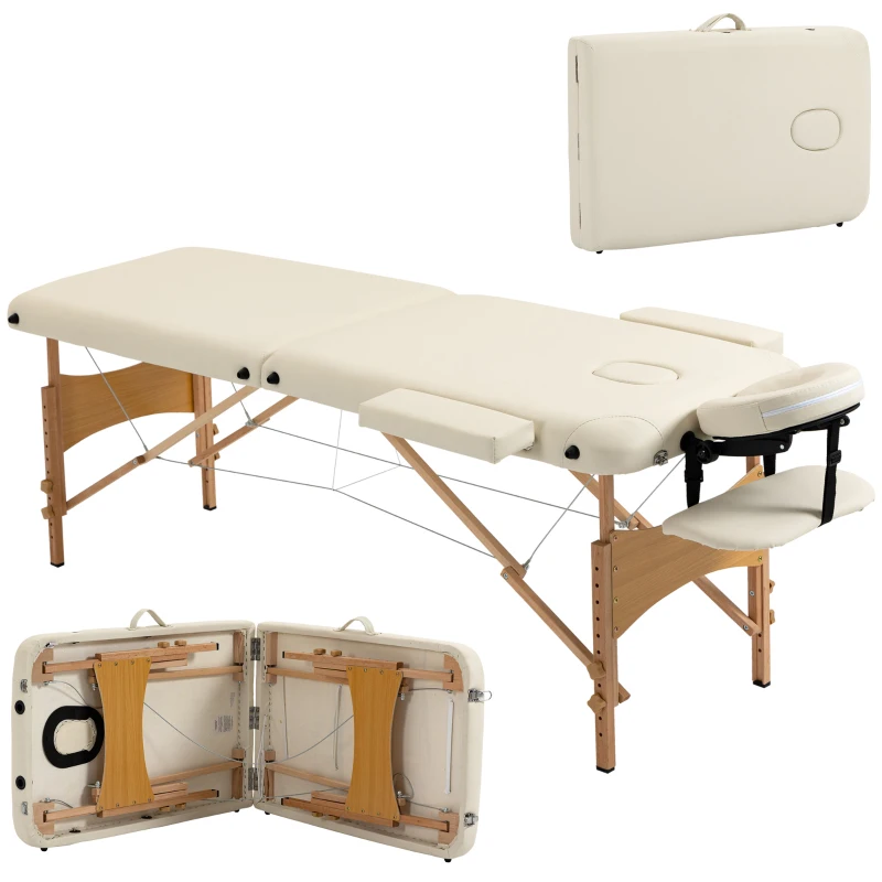 HOMCOM Portable Massage Bed, Foldable Spa Beauty Massage Table with 2 Sections, Carry Bag and Wooden Frame, Cream White