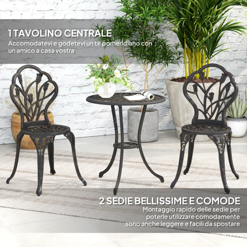 Outsunny Set da Esterno 3 Pezzi con 2 Sedie da Giardino e Tavolo Rotondo con Foro per Ombrellone, Bronzo