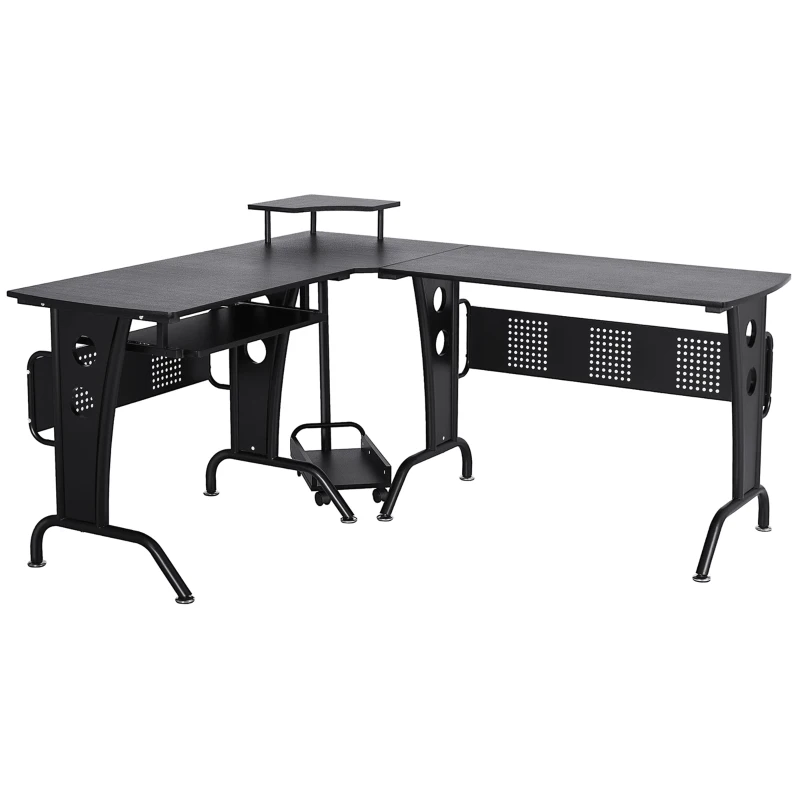 HOMCOM L-Shaped Computer Desk for PC, Corner Table for Small Spaces with Elevated Shelf, Keyboard Tray, CPU Stand, Home Office Workstation, Black