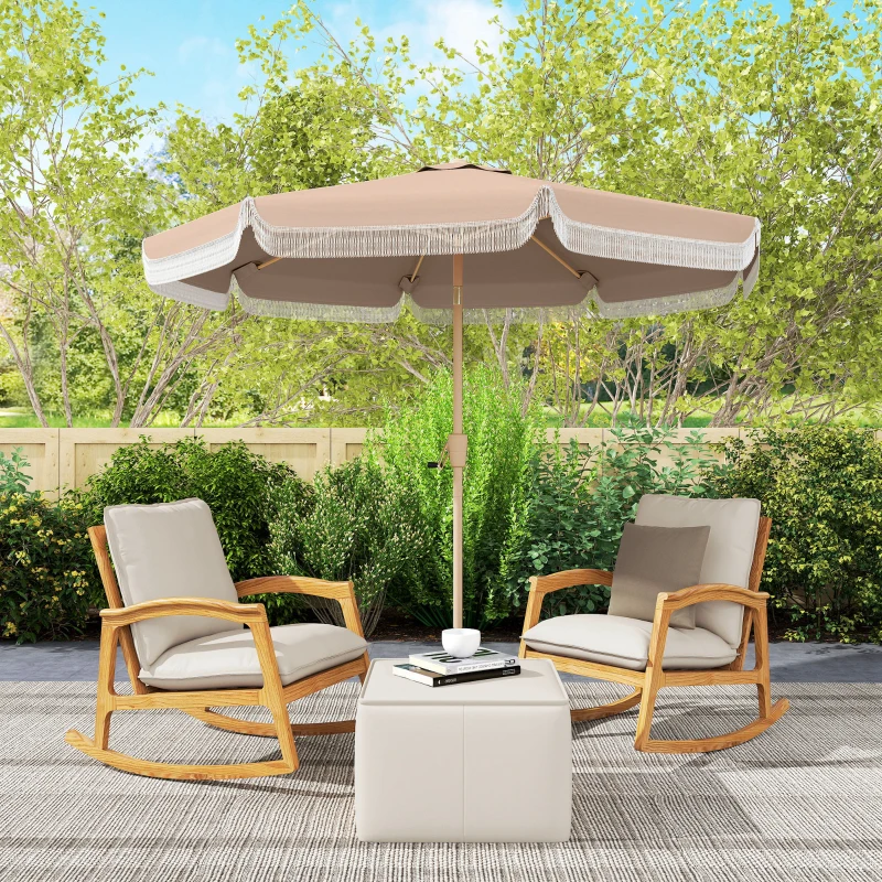 Outsunny Parasol de jardin extérieur 266 cm, parasol inclinable, franges, manivelle, 8 baleines, toile polyester 180 g/m², kaki