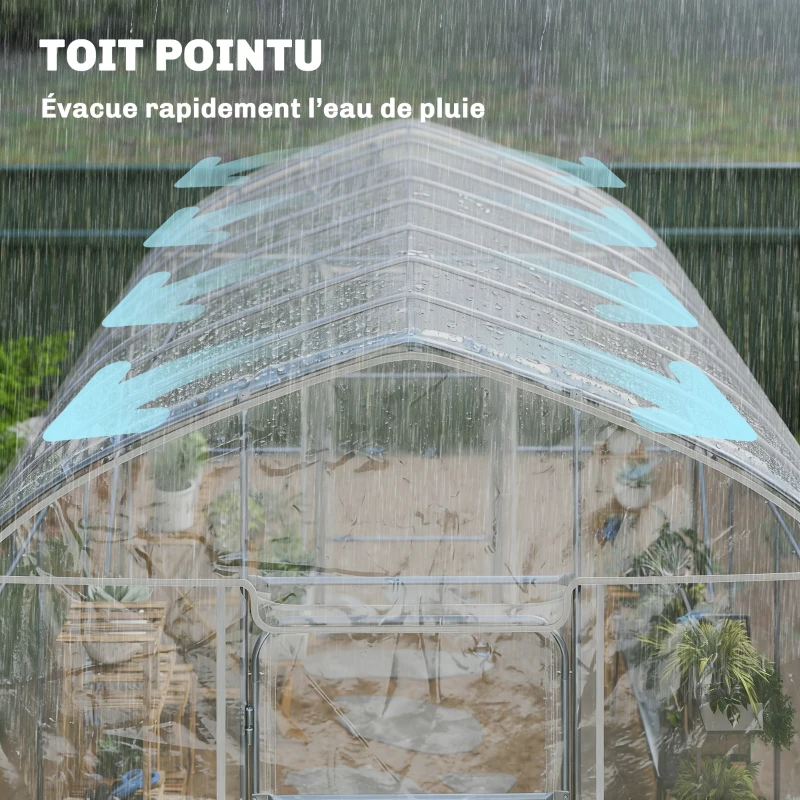 Outsunny Serre Tunnel avec Couverture PO, 2 Portes à Charnières, Serre Chauffante avec Structure Optimisée, Transparente