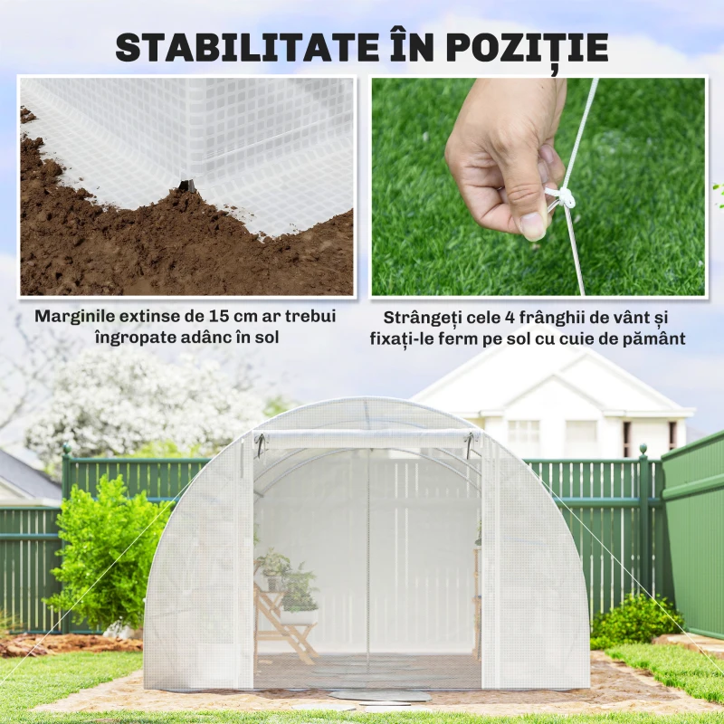Outsunny Seră tip tunel cu 2 bare detașabile și uși și ferestre cu plasă, din oțel galvanizat și polietilenă, 396x300x200 cm, alb