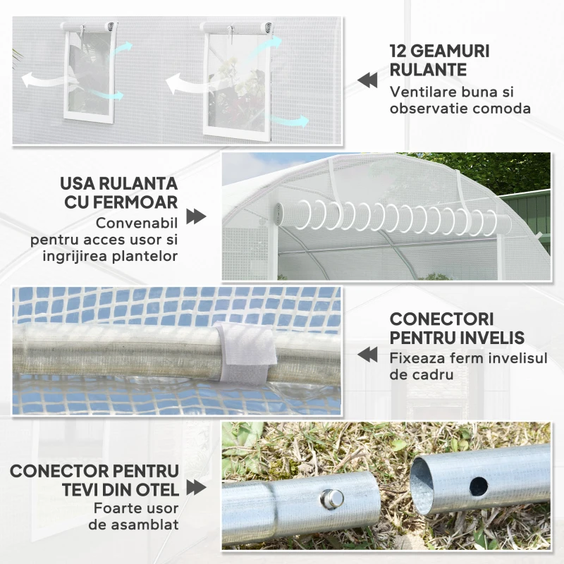 Outsunny Seră Tip Tunel 8x3x2 m cu Înveliș din Plastic și Oțel Ranforsat, Alb