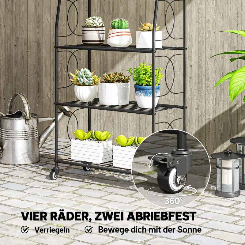 Outsunny Pflanzenständer aus Metall mit 4 Ebenen, robustes Leiterregal für Blumentöpfe mit feststellbaren Rädern