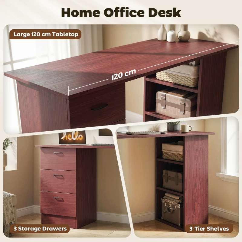 HOMCOM Computer Desk, Writing Table, PC Workstation with 3 Storage Shelves and Drawers, Handle, for Home Office, Walnut Brown