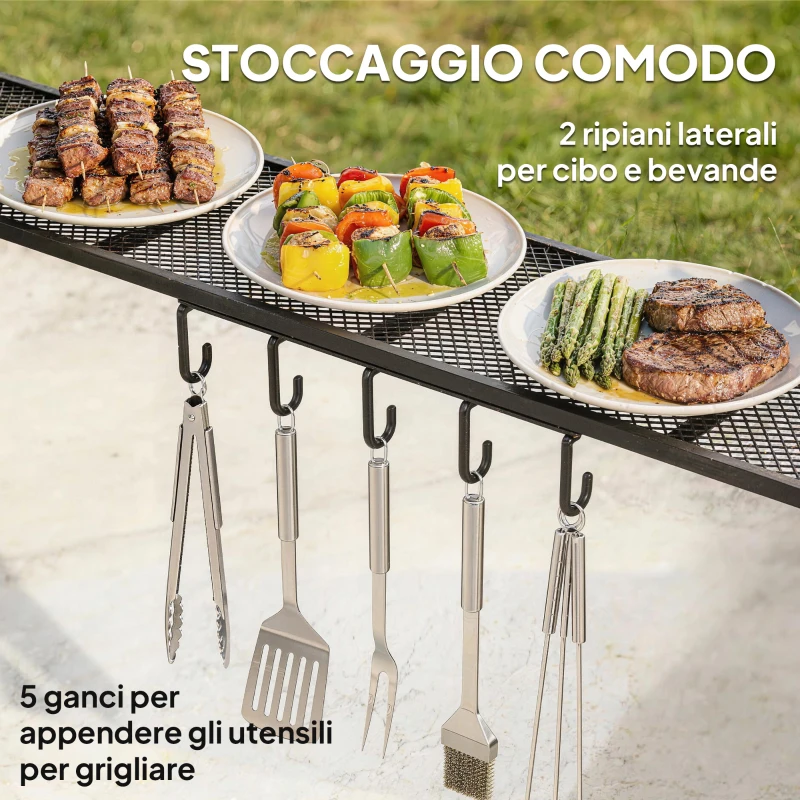 Outsunny Gazebo per Barbecue con 2 Mensole Laterali e Ganci, Acciaio e Poliestere, 2.4 x 1.5 m, Grigio Scuro