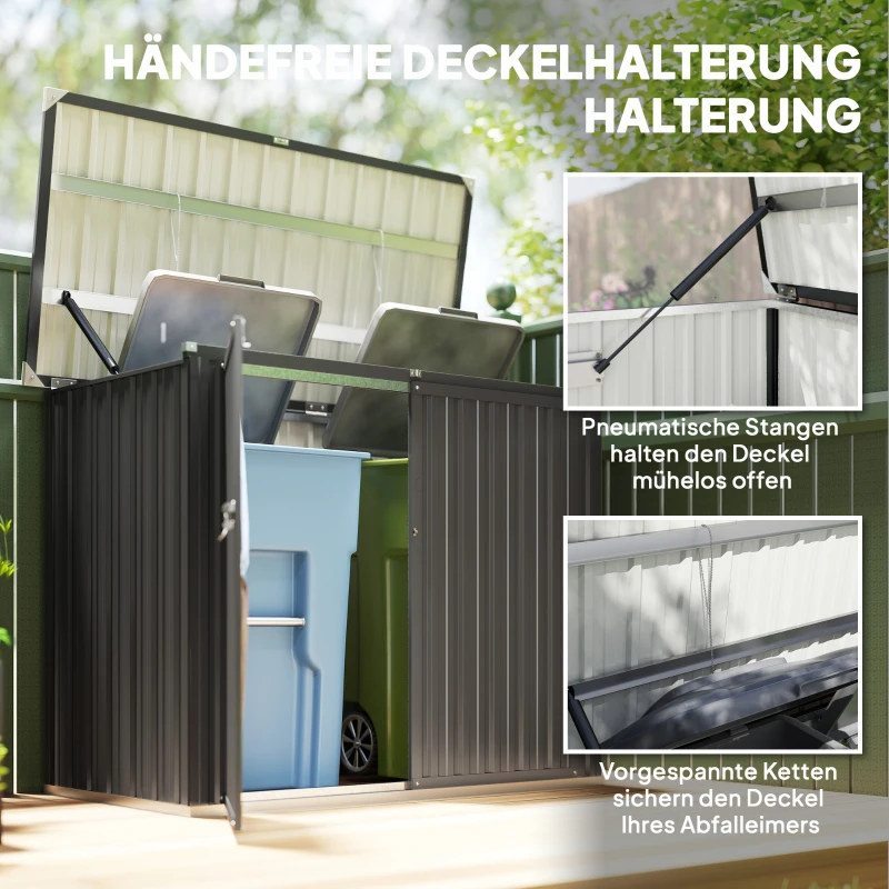 Outsunny Mülltonnenbox für 2 Tonnen Abschließbar Mülltonnenverkleidung mit aufklappbarem Deckel Dunkelgrau