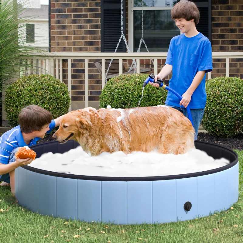 PawHut Collapsible Non-Slip PVC Dog Pool, Easy to Clean, 160 cm Diameter x 30 cm Height, Blue