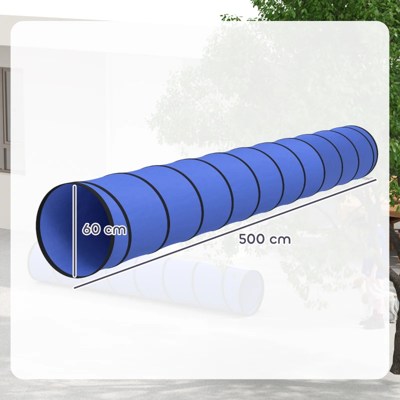 PawHut Dog Tunnel, 500 x 60 cm, Foldable Play Tunnel with 6 Pegs and Bag, Tear-Resistant Outdoor Dog Agility Equipment, Blue