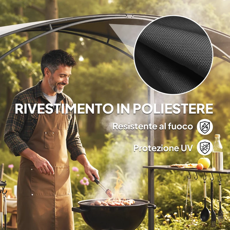 Outsunny Gazebo per Barbecue con 2 Mensole Laterali e Ganci, Acciaio e Poliestere, 2.4 x 1.5 m, Grigio Scuro