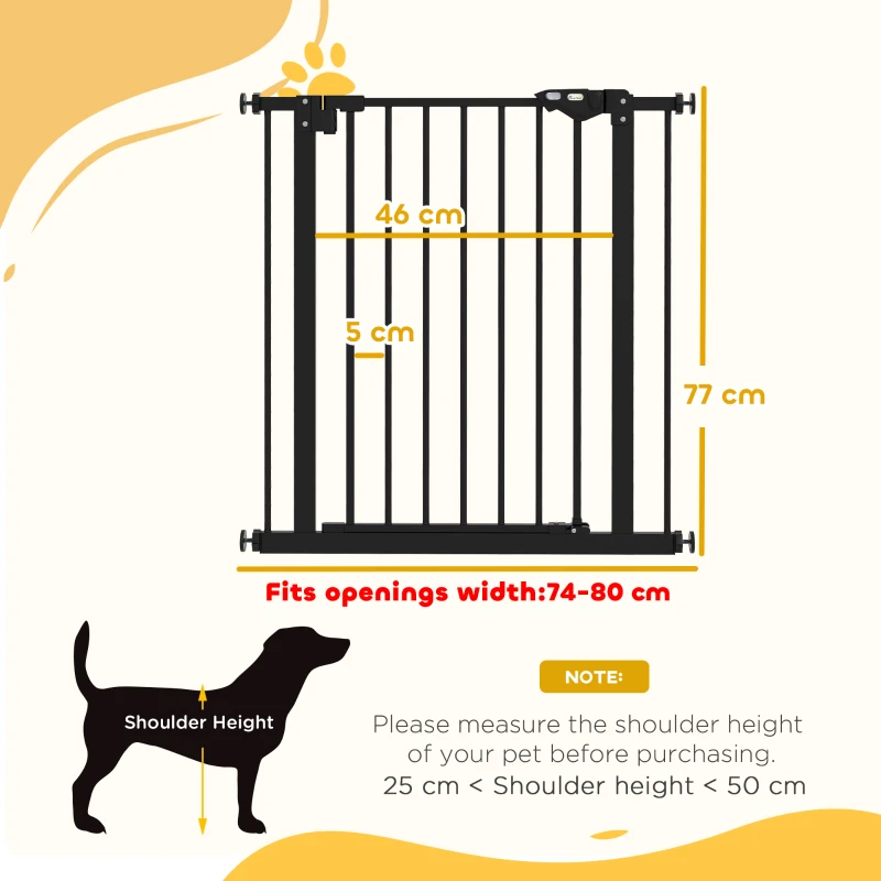 PawHut Metal 74-80cm Wide Adjustable Dog Gate Black