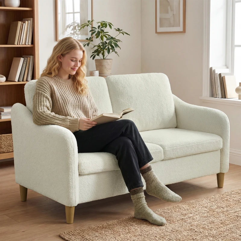 HOMCOM Divano 2 Posti Moderno con Cuscini Spessi e Rivestimento Sherpa, 137x69x82 cm, Crema