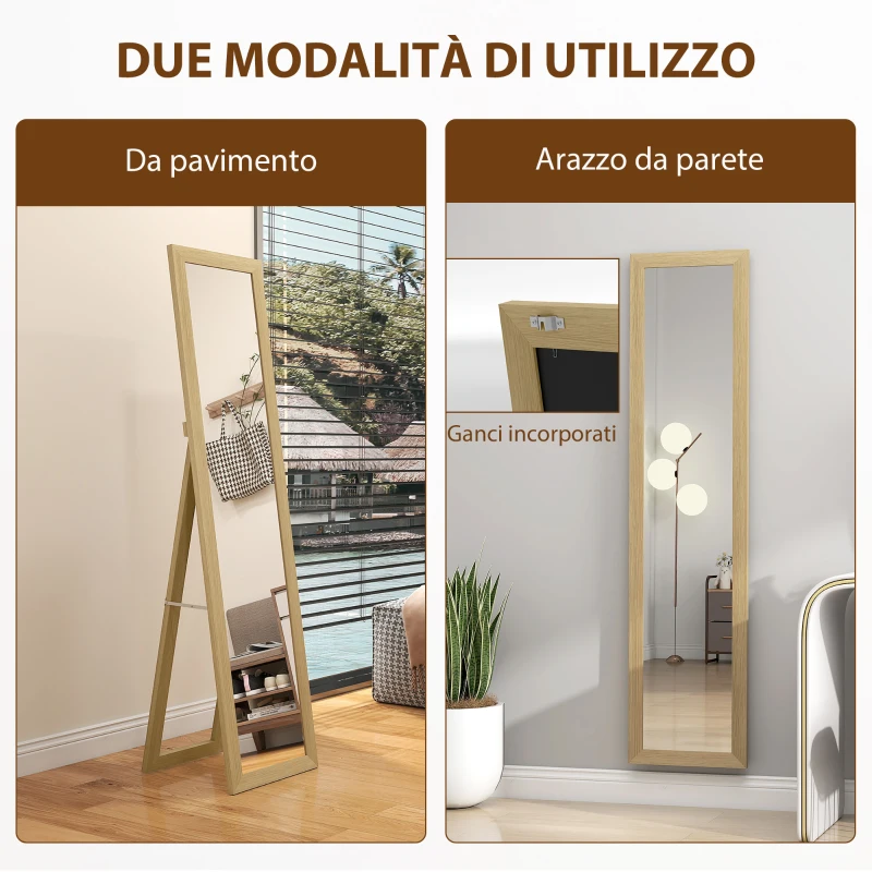 HOMCOM Specchio Verticale da Parete o da Terra con Cornice in MDF, 37x40x155 cm, Quercia e Trasparente