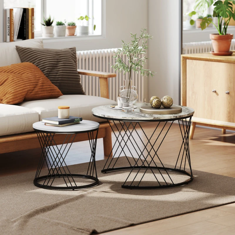 HOMCOM Lot de 2 tables basses gigognes rondes Ø 70/44,5 cm avec plateau effet marbre et pieds en métal, gris et blanc