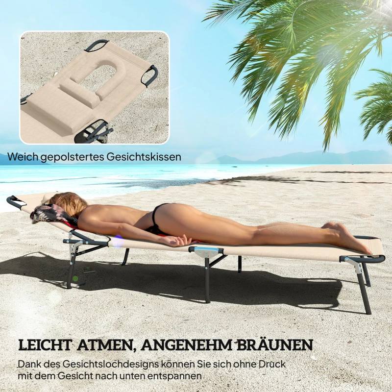 Outsunny Sonnenliege mit Gesichtsloch & Kissen, klappbar, wasserabweisender Bezug, Metallrahmen, Beige