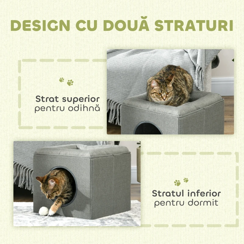 PawHut Căsuță pentru Pisici cu 2 Niveluri, cu Pernă din Pluș, din Lemn, Poliester și Plastic, 36,5x36,5x33 cm, Verde