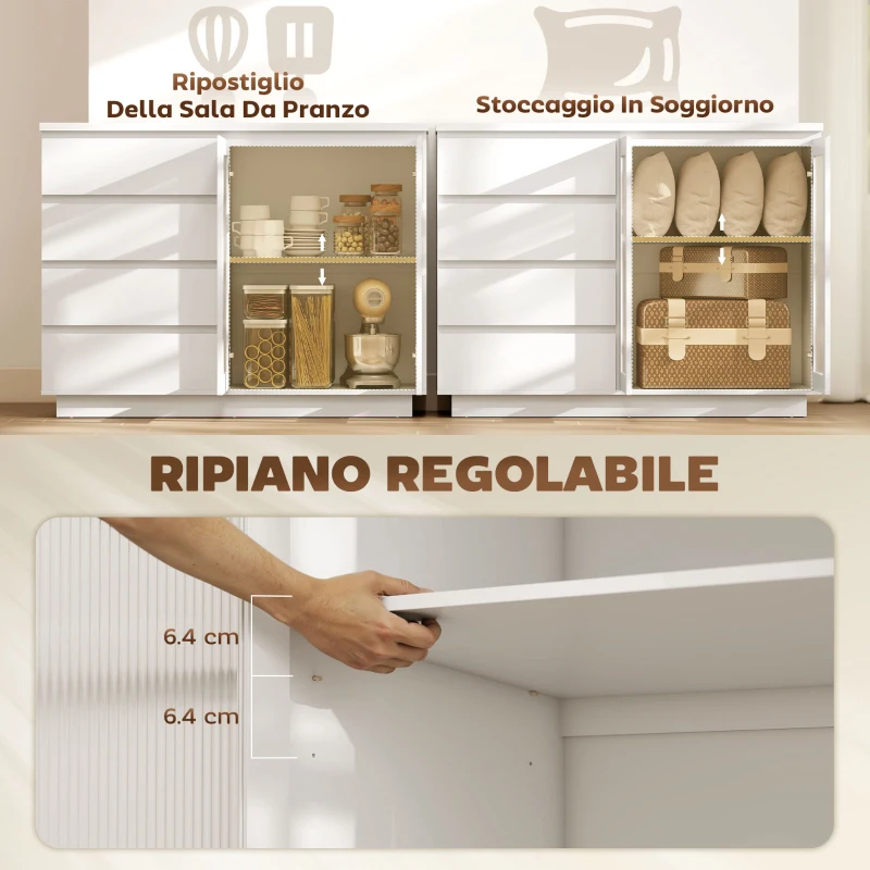 HOMCOM Credenza Buffet in Legno con 4 Cassetti e Armadietto con Ante in Vetro e Ripiani Regolabili, 120x40x91 cm, Bianco