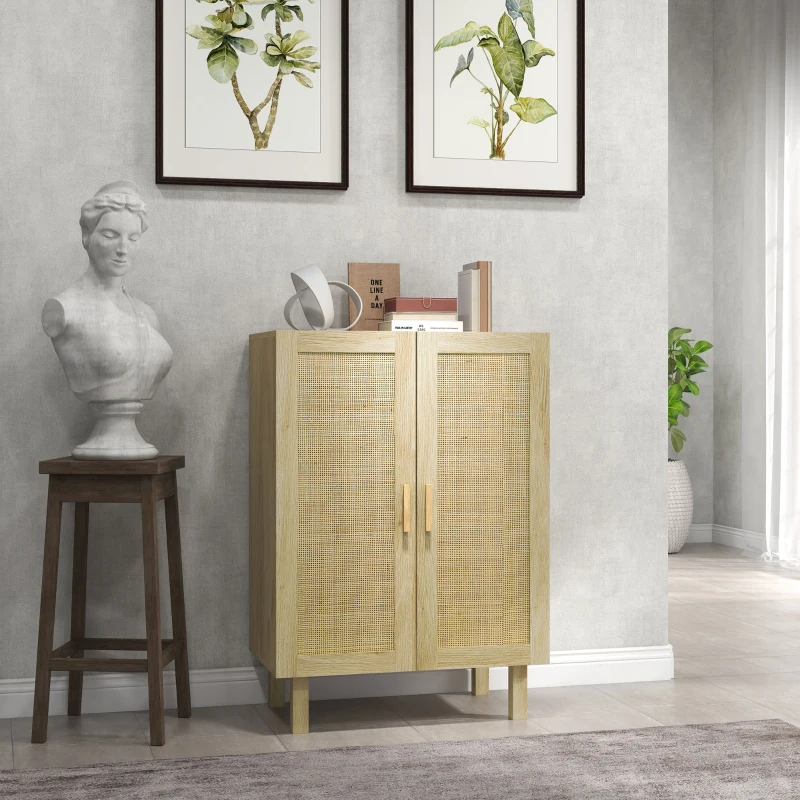 HOMCOM Tall buffet storage cabinet boho design double doors with 3 cane shelves - 73 x 41 x 102 cm