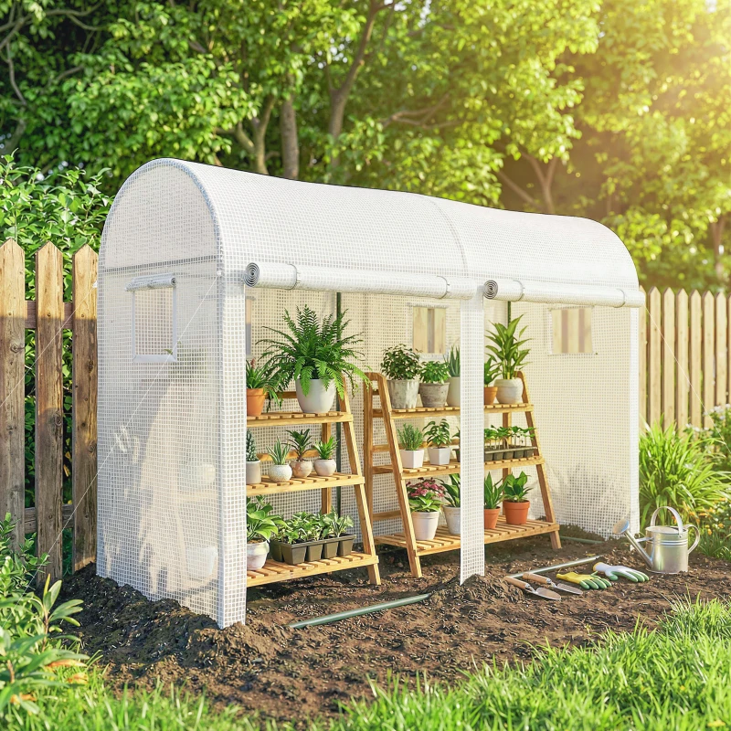 Outsunny Serre de Jardin, Petite Serre de Balcon en Bâche PE Châssis Acier, Portes et Fenêtres Roulantes 300 x 100 x 200 cm blanc