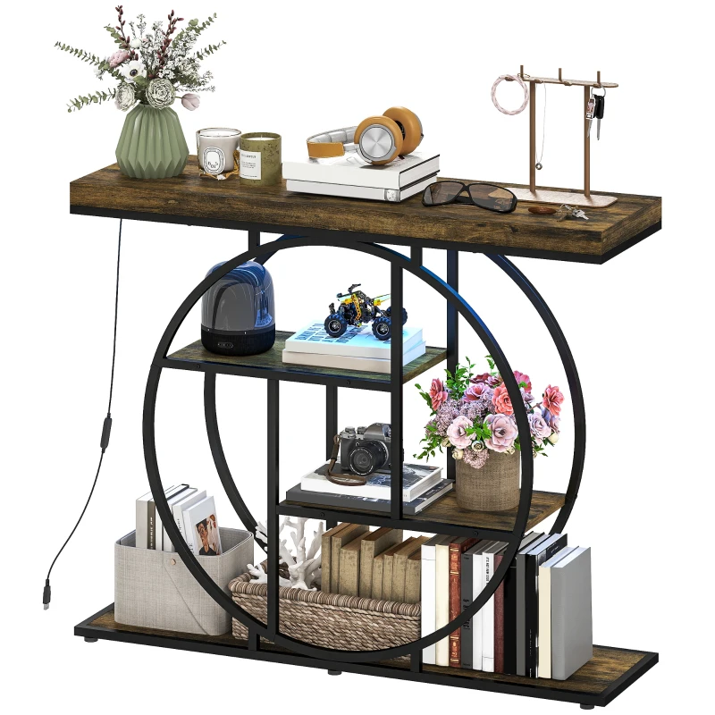 HOMCOM Console table with LED lighting 100 cm, 4-tier console with open shelves, rustic brown & black