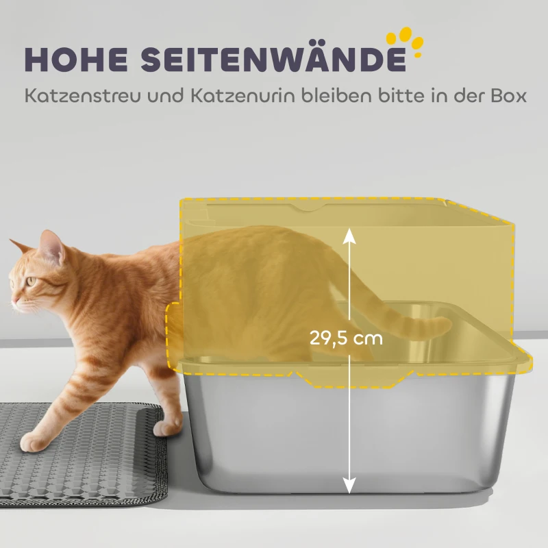 PawHut Katzentoilette Edelstahl Offene Katzenklo mit Schaufel hohem Rand Matte für Katzen bis 7 kg 60,2 x 40,2 x 29,5 cm, Grau
