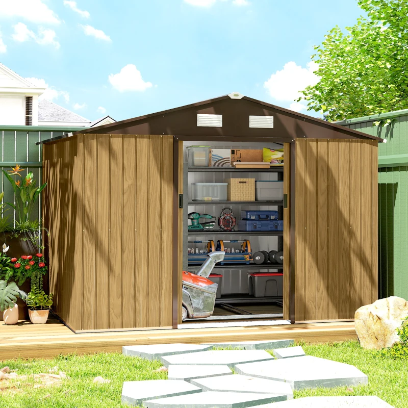 Outsunny Abrigo de Jardim Exterior 4,9 m² 277x195x192 cm com Porta de Correr Ventilação e Kit de Fundação Castanho