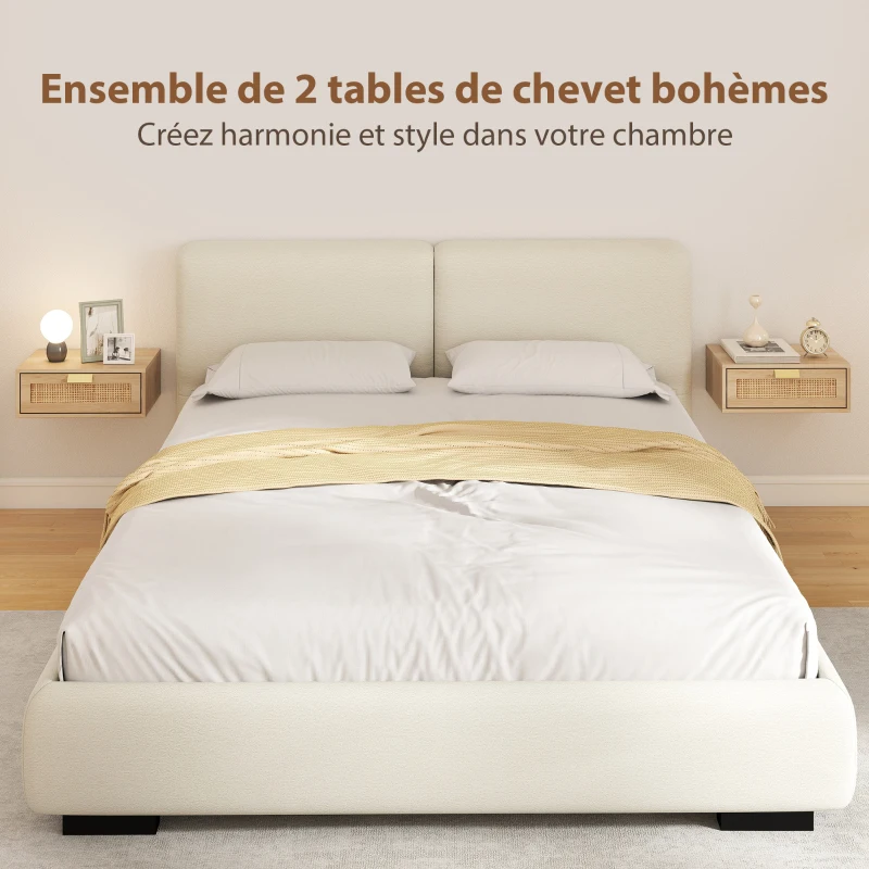 HOMCOM Lot de 2 tables de chevet murales, tables de nuit suspendues avec tiroir en effet rotin, 40 x 30 x 15 cm, chêne