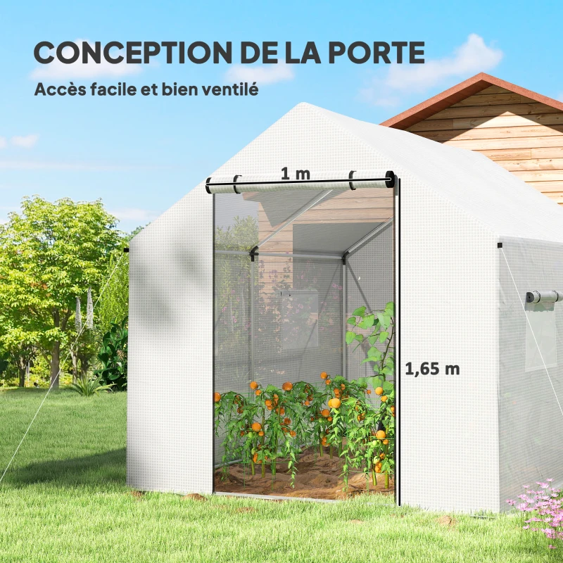 Outsunny Serre de jardin tunnel 2 x 3m, 6m² avec porte enroulable, 4 fenêtres, - Acier galvanisé PE Haute densité Blanc