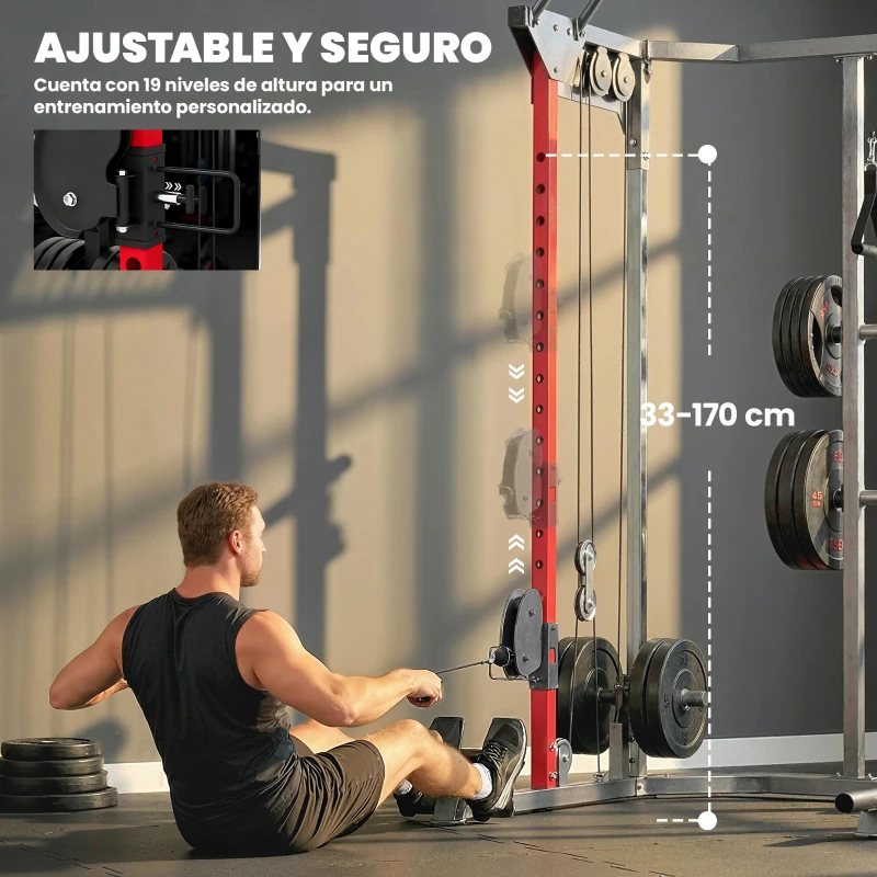 SPORTNOW Jaula de Potencia Smith Machine, Rack para Sentadillas con Sistema Polea Ajustable Barra Dominadas y Estación de Fondos