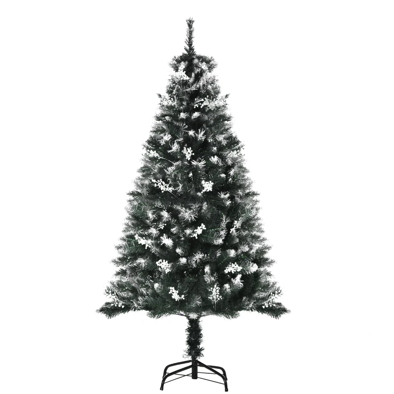 HOMCOM 5FT Snowy Artificial Christmas Tree, Xmas Tree, Home Indoor Decoration with Steel Stand, White Berries, Green